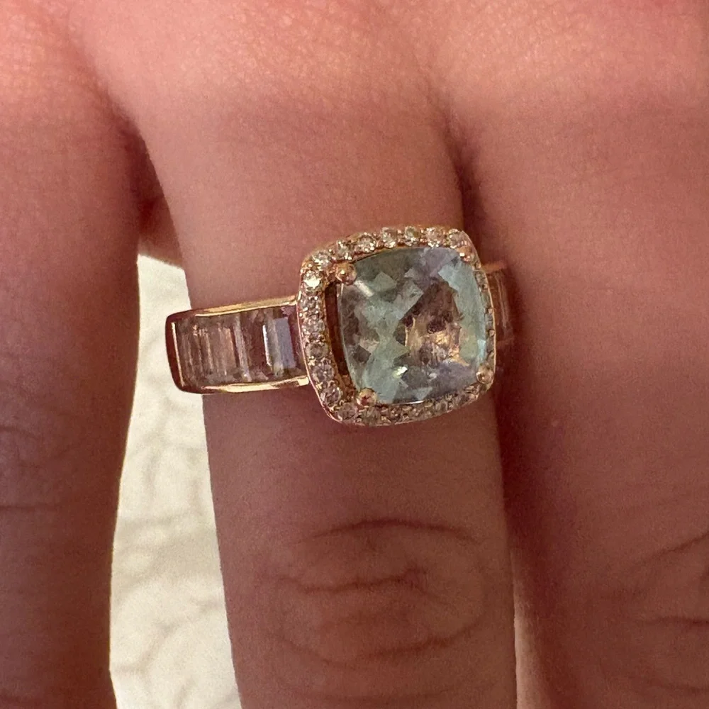 LeVian 14k Strawberry Gold Ring Blue stone surrounded by Diamonds & Baguettes - Picture 5 of 11